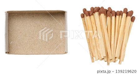 An empty open brown cardboard box and a scattering of new wooden matches with brown sulfur heads An empty open brown cardboard box and a scattering of new wooden matches with brown sulfur heads 139219620