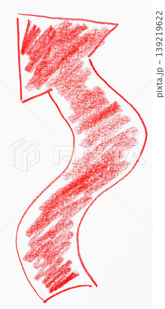 A curved red arrow pointing upwards, drawn in colored pencil with dense shading A curved red arrow pointing upwards, drawn in colored pencil with dense shading 139219622