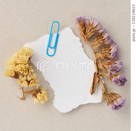 A composition of a clean scrap of white paper with a blue paper clip and dried statice flowers 139219623