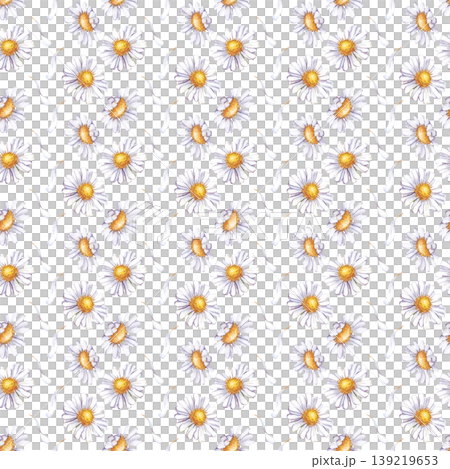 Seamless vertical pattern with watercolor daisy flowers and delicate white petals scattered across the surface. Botanical design with realistic textures on an isolated background. For textile design 139219653