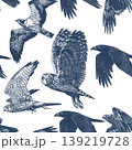 Birds of prey flying Hand drawn seamless pattern. Engraving woodcut style illustration with owls and 139219728