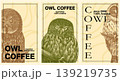 Coffee shop template with copy space for text. Great grey, tawny and Ural owls. Birds vintage hand 139219735