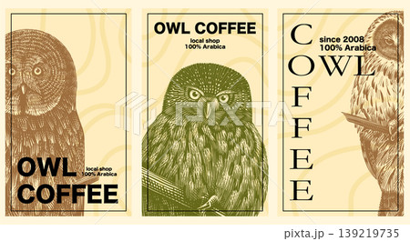 Coffee shop template with copy space for text. Great grey, tawny and Ural owls. Birds vintage hand 139219735