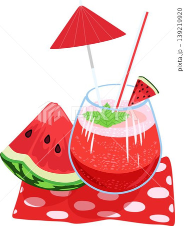 Bright summer illustration of a watermelon cocktail in a glass with straw, umbrella, and mint leaves. Fresh drink with a watermelon slice on a napkin. Perfect for menu design, drink advertising, summe 139219920