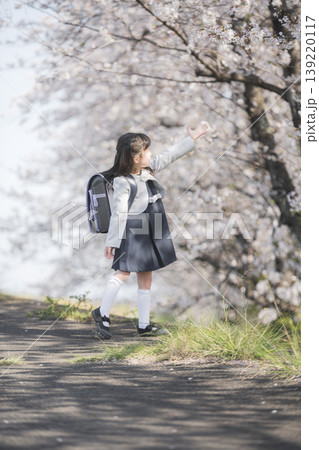 桜咲く風景の中で手を伸ばす新入学の女の子 桜咲く風景の中で手を伸ばす新入学の女の子 139220117