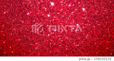 Shiny red sequin background with bright white starburst sparkles. 139220124