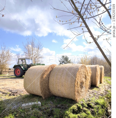 Large bales of hay on a farm with a green tractor in the background on a sunny day Large bales of hay on a farm with a green tractor in the background on a sunny day 139220389