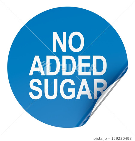No added sugar, blue sticker label with curled corner. 3D rendering 139220498