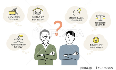 介護のこんな悩みありませんか?のイラスト。介護について考える親子とふきだしアイコンセット 介護のこんな悩みありませんか?のイラスト。介護について考える親子とふきだしアイコンセット 139220509