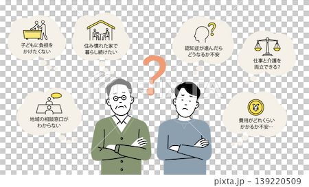 介護のこんな悩みありませんか?のイラスト。介護について考える親子とふきだしアイコンセット 介護のこんな悩みありませんか?のイラスト。介護について考える親子とふきだしアイコンセット 139220509