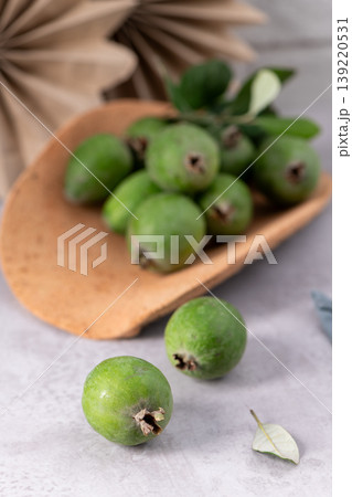 Fresh green feijoa fruit on a kitchen counter Fresh green feijoa fruit on a kitchen counter 139220531
