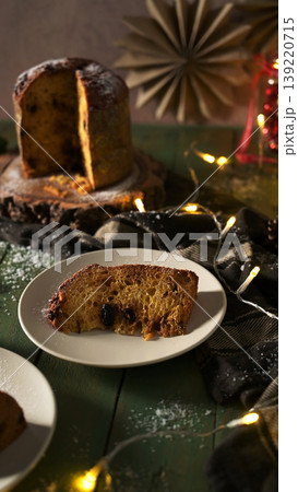 Panettone Slice with Loaf and Holiday Lights Panettone Slice with Loaf and Holiday Lights 139220715