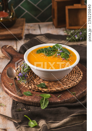 Creamy Pumpkin Soup with Spinach and Sesame Seeds 139220840