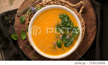Creamy Pumpkin Soup with Spinach and Sesame Seeds Creamy Pumpkin Soup with Spinach and Sesame Seeds 139220846