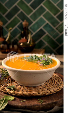 Creamy Butternut Squash Soup with Fresh Herbs and Seeds in a Speckled Ceramic Bowl Creamy Butternut Squash Soup with Fresh Herbs and Seeds in a Speckled Ceramic Bowl 139220850