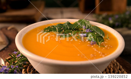Creamy Pumpkin Soup Garnished with Fresh Spinach Herbs and Sesame Seeds Creamy Pumpkin Soup Garnished with Fresh Spinach Herbs and Sesame Seeds 139220852