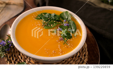 Creamy Butternut Squash Soup Topped with Fresh Spinach and Sesame Seeds Creamy Butternut Squash Soup Topped with Fresh Spinach and Sesame Seeds 139220859