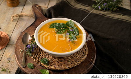 Creamy Butternut Squash Soup with Spinach Garnish on Rustic Wooden Table Creamy Butternut Squash Soup with Spinach Garnish on Rustic Wooden Table 139220866