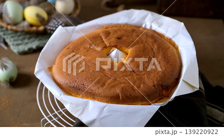 Freshly Baked Easter Sponge Cake on a Cooling Rack Freshly Baked Easter Sponge Cake on a Cooling Rack 139220922