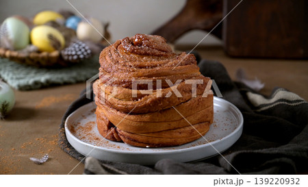 Freshly Baked Cruffin with Cinnamon and Sugar for Easter Brunch 139220932