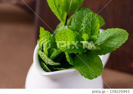 Close Up of Fresh Green Mint Leaves in a White Ceramic Jar Close Up of Fresh Green Mint Leaves in a White Ceramic Jar 139220943