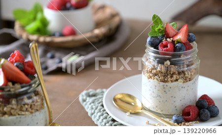 Overnight Chia Seed Pudding with Fresh Berries and Granola in a Glass Jar Overnight Chia Seed Pudding with Fresh Berries and Granola in a Glass Jar 139220966