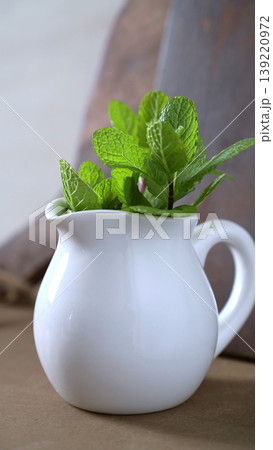 Fresh Mint Leaves in a White Ceramic Pitcher 139220972