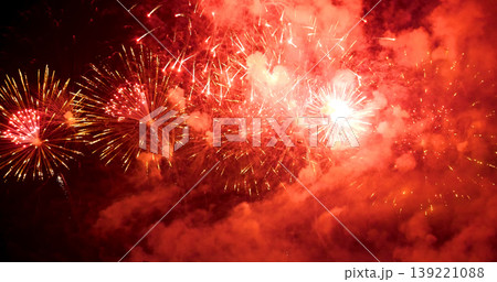 Red Firework celebrate anniversary happy new year 2023, 4th of july holiday festival. red firework in night time celebrate national holiday. Countdown to new year 2023 festival party time event 139221088