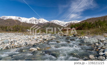 雪解け水の流れる川と、壮大な白馬三山の風景 雪解け水の流れる川と、壮大な白馬三山の風景 139221225
