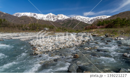 雪解け水の流れる川と、壮大な白馬三山の風景 雪解け水の流れる川と、壮大な白馬三山の風景 139221227