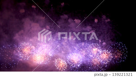 Purple Firework celebrate anniversary happy new year 2023, 4th of july holiday festival. Purple firework in night time celebrate national holiday. Violet firework Countdown to new year 2023 festival 139221321