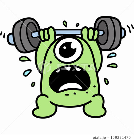 Green cartoon monster lifting heavy barbell, sweating, showing determination and effort Green cartoon monster lifting heavy barbell, sweating, showing determination and effort 139221470
