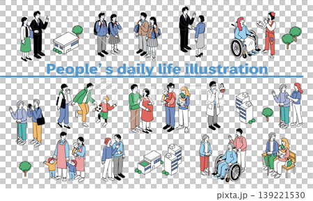 アイソメトリック構図の人々の暮らしのイラストセット アイソメトリック構図の人々の暮らしのイラストセット 139221530