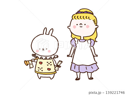 ピナフォアを着た少女とラッパを持った白うさぎのイラスト(不思議の国のアリス) ピナフォアを着た少女とラッパを持った白うさぎのイラスト(不思議の国のアリス) 139221746