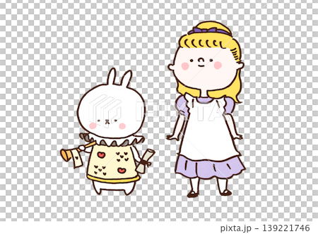 ピナフォアを着た少女とラッパを持った白うさぎのイラスト(不思議の国のアリス) ピナフォアを着た少女とラッパを持った白うさぎのイラスト(不思議の国のアリス) 139221746