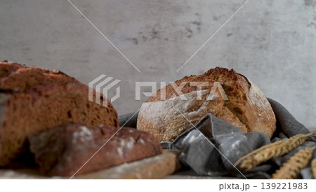 Artisan bread loaves on a rustic table 139221983