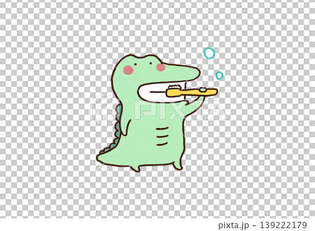 An illustration of a crocodile brushing its teeth with a toothbrush. 139222179