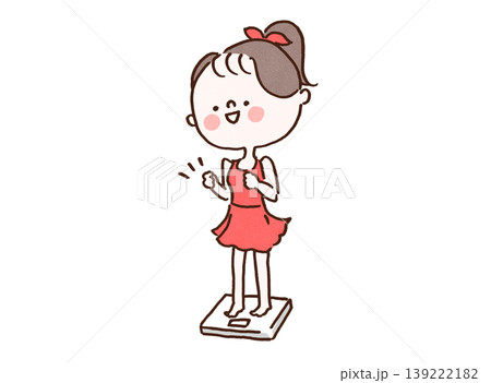 体重計に乗ってガッツポーズをする女の子のイラスト（ダイエット成功・健康・ヘルスケア） 139222182