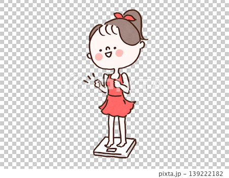 An illustration of a girl making a victory pose after stepping onto a scale (representing successful weight loss, health, and healthcare). An illustration of a girl making a victory pose after stepping onto a scale (representing successful weight loss, health, and healthcare). 139222182