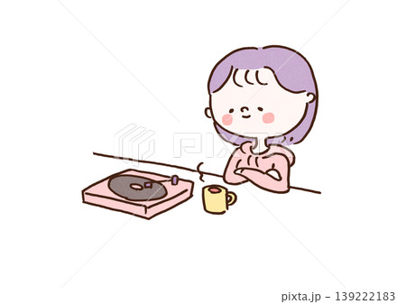 レトロなレコードプレーヤーで音楽を聴きながらリラックスする女性のイラスト（チルタイム・趣味） 139222183