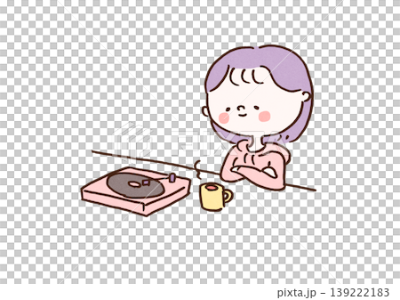 An illustration of a woman relaxing while listening to music on a retro record player (chill time, hobby). An illustration of a woman relaxing while listening to music on a retro record player (chill time, hobby). 139222183
