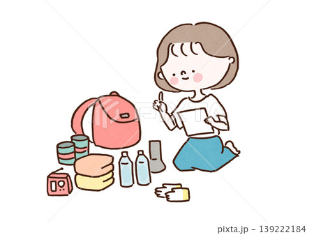 防災リュックの中身を一つずつ指差し確認している女性のイラスト(防災・非常時の備え・安全) 防災リュックの中身を一つずつ指差し確認している女性のイラスト(防災・非常時の備え・安全) 139222184
