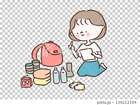 An illustration of a woman pointing and checking the contents of her emergency backpack one by one (Disaster preparedness, emergency preparedness, safety) An illustration of a woman pointing and checking the contents of her emergency backpack one by one (Disaster preparedness, emergency preparedness, safety) 139222184