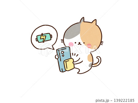 スマートフォンの背面にマグネット式のモバイルバッテリーを取り付ける猫のイラスト（スマホアクセサリー） 139222185