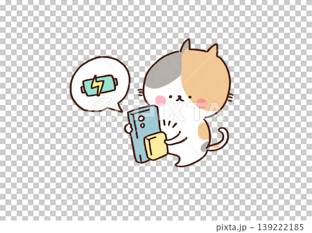 スマートフォンの背面にマグネット式のモバイルバッテリーを取り付ける猫のイラスト（スマホアクセサリー） 139222185
