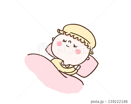 シルクのナイトキャップを被って布団で気持ちよさそうに眠る女性のイラスト（睡眠・ヘアケア） 139222186