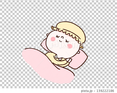 シルクのナイトキャップを被って布団で気持ちよさそうに眠る女性のイラスト（睡眠・ヘアケア） 139222186