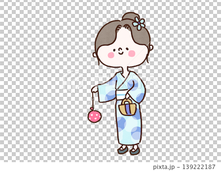 一位身穿浴衣(夏季和服)的女孩面帶微笑,手持水球(溜溜球)的插圖(夏季祭典/典型的日本場景) 一位身穿浴衣(夏季和服)的女孩面帶微笑,手持水球(溜溜球)的插圖(夏季祭典/典型的日本場景) 139222187