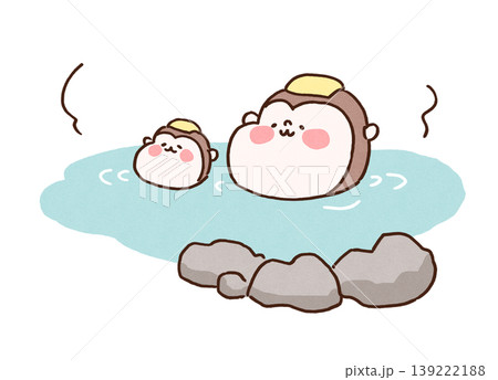 露天風呂の温泉に肩まで浸かってリラックスする猿の親子のイラスト（日本の冬・観光） 139222188