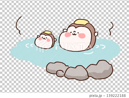 露天風呂の温泉に肩まで浸かってリラックスする猿の親子のイラスト（日本の冬・観光） 139222188